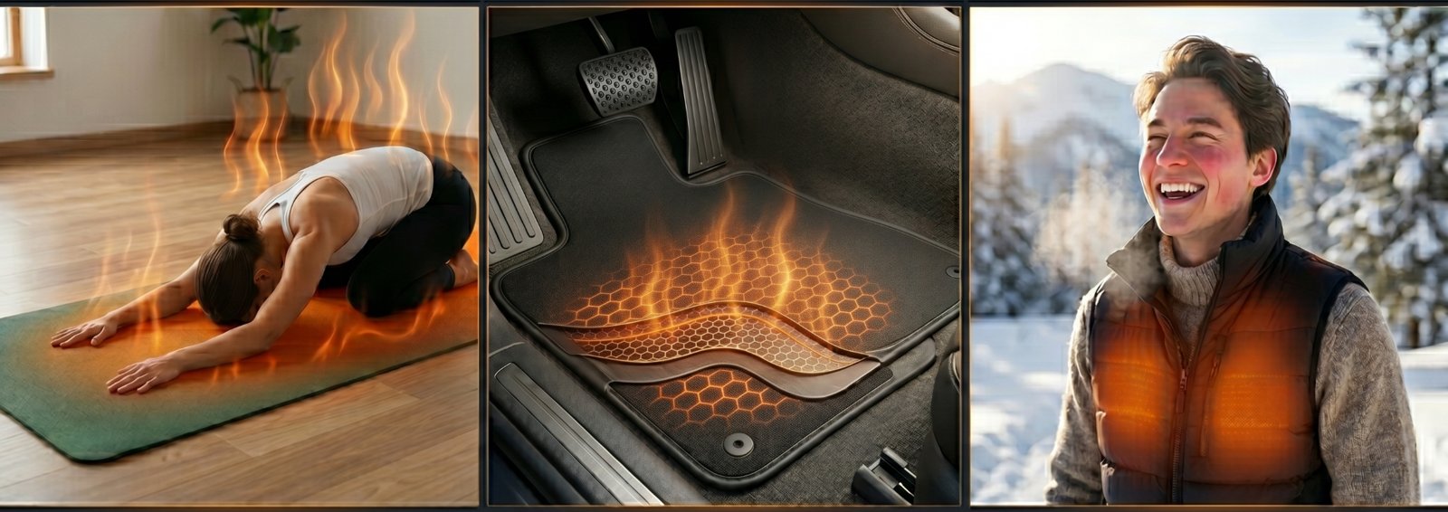 Pliable heating element applications: heated yoga mat, automotive floor mat, and heated apparel