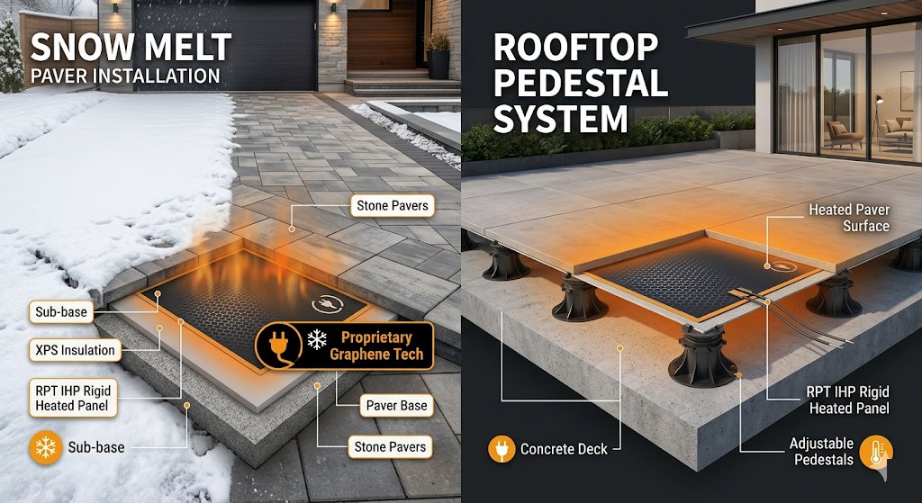 Snow melt paver installation and rooftop pedestal system cutaway diagrams