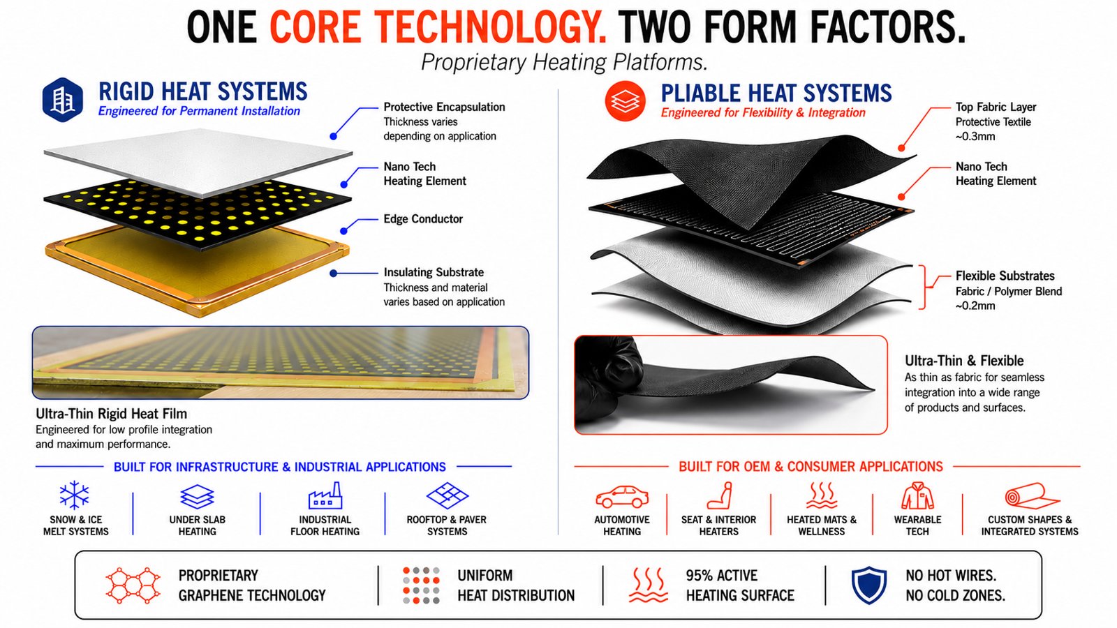 One core technology, two form factors: RPT Rigid Heat Systems and Pliable Heat Systems layer diagrams